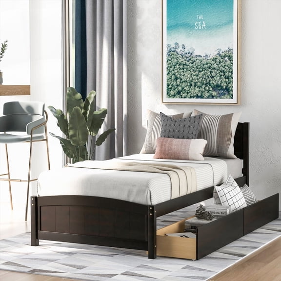 Twin size Platform Bed with Two Drawers in Espresso, Sturdy Pine Wood Frame