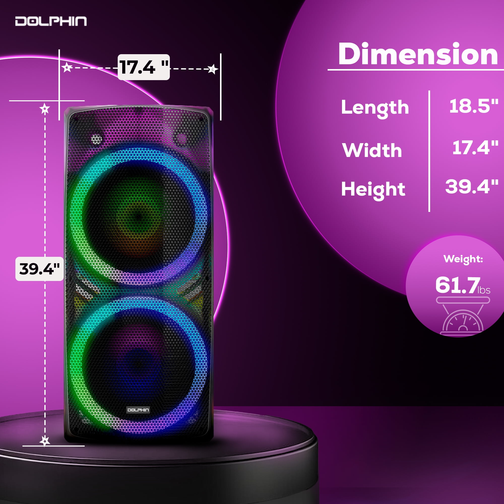 Dolphin SPX-290BT Dual 15" Bluetooth Party Speaker – Translucent Cabinet, 200W RMS, Deep Bass, XLR Inputs, LED Light Show, 5-Star Sound Clarity, DJ & Karaoke Ready