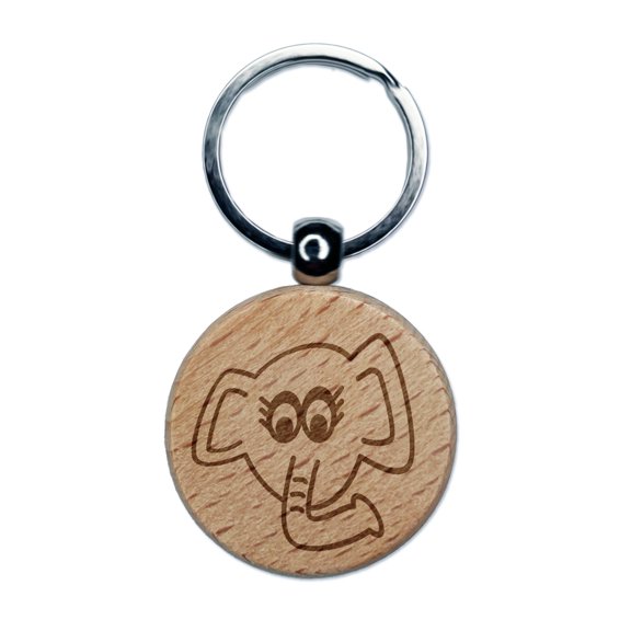 Elegant Elephant Face Round Keychain Charm Tag - Engraved Wood