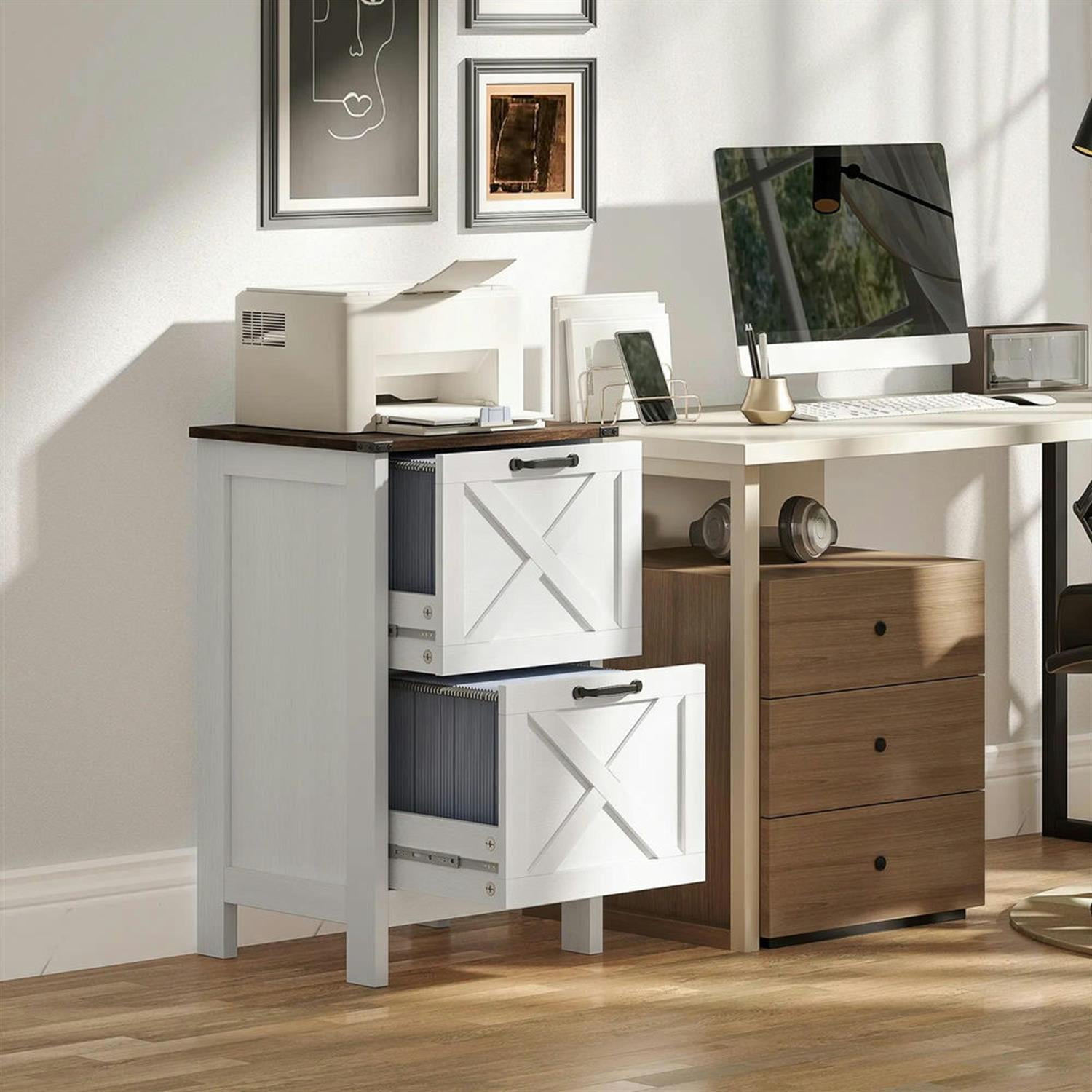 Demi Bonn Modern 2-Drawer Filing Cabinet for Letter, A4 and Legal Size, Home Office, Rustic Farmhouse Vertical File Cabinet, White