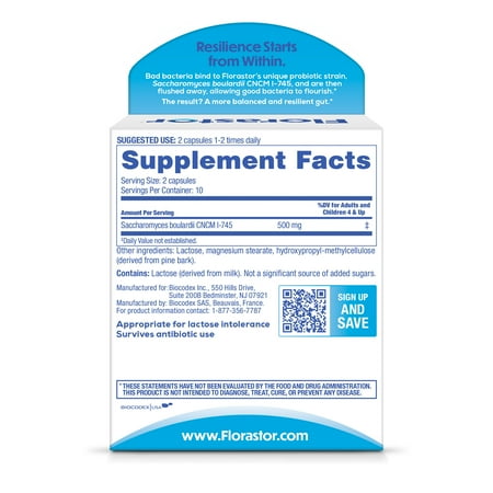 Florastor Unisex Daily Probiotic Supplement, Saccharomyces Boulardii CNCM I-745, 20 Count
