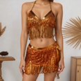 thumbnail image 2 of DHFJKG Skirt Set Women 2 Piece Outfits Latin Tango Halter Sparkly Sequin Tassels V Neck Side Tie Crop Top Mini Skirts Party Dance Wear Soft Outfit, 2 of 5