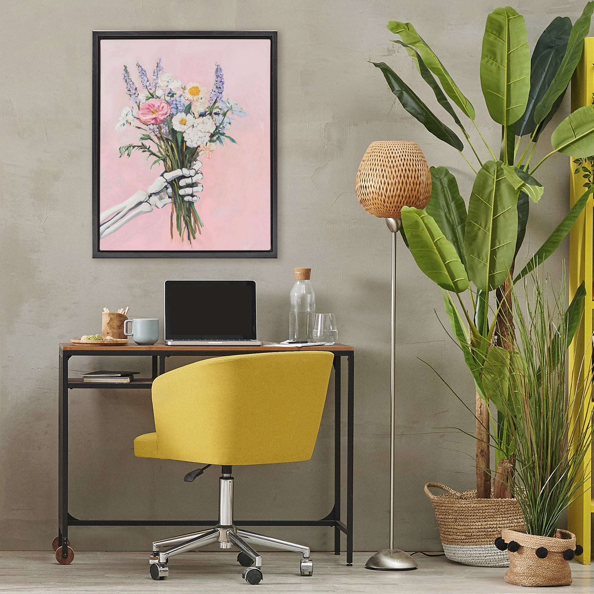 Stupell Industries Skeleton Hand Holding Flowers Black Framed Floater Canvas Wall Art, design by The Prints Vibe