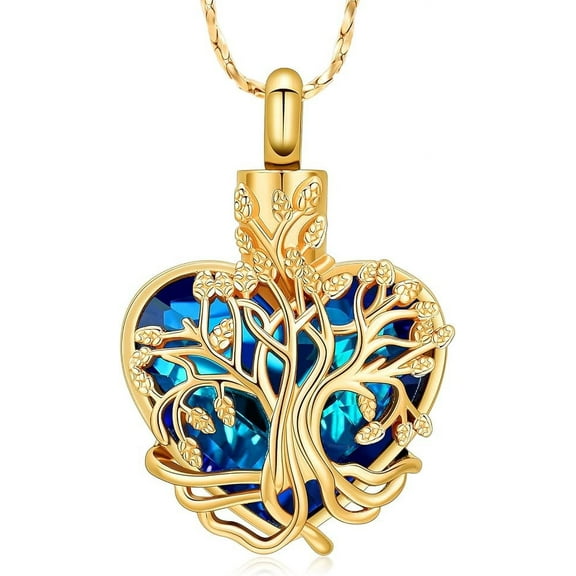 Tree of Life Urn Necklace for Ashes Heart Cremation Jewelry Crystal Ash Pendant for Human Dog Cat Ashes with Funnel Filler Jewelry Gifts for Women Cremation Souvenir Jewelry