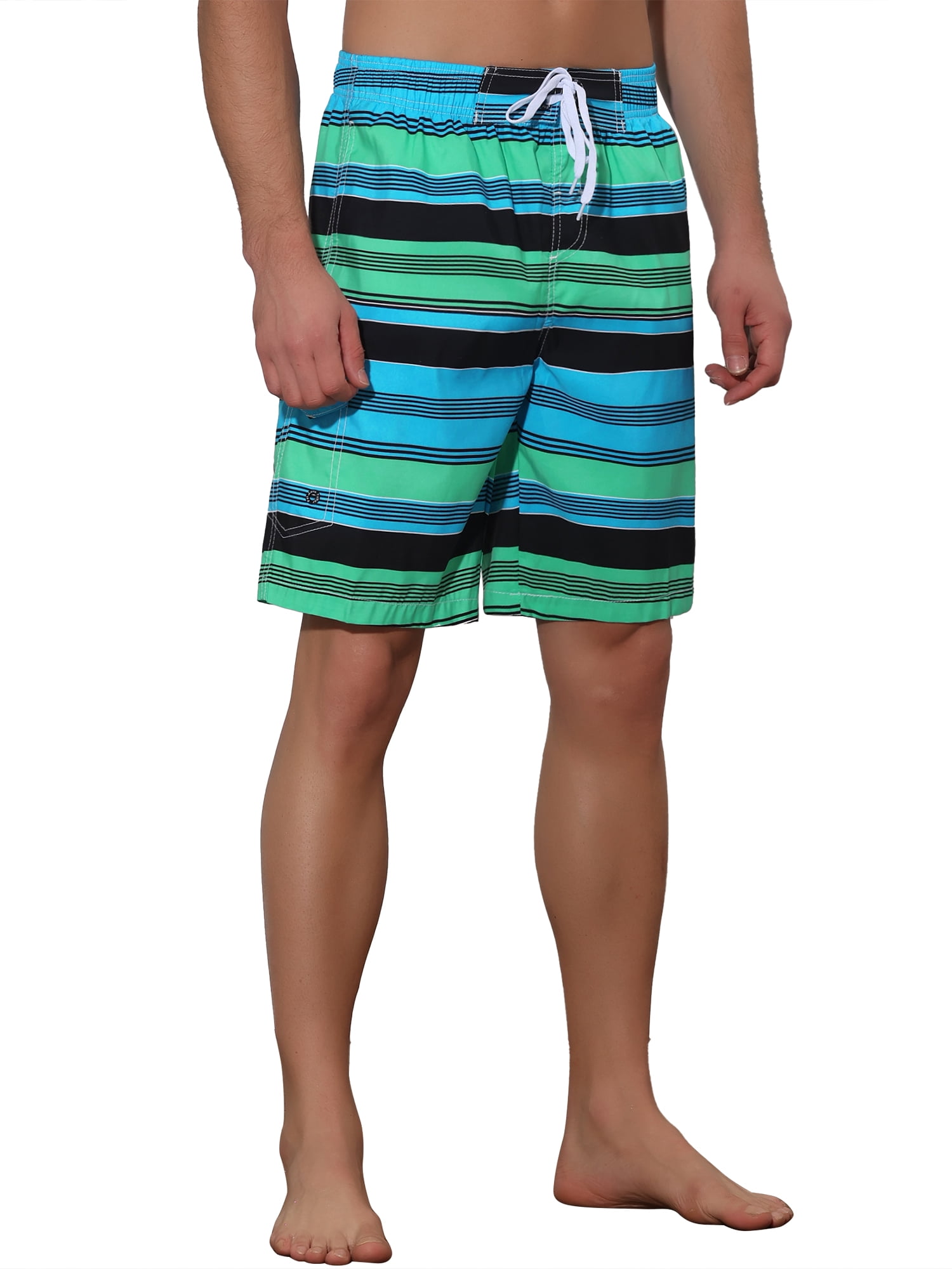 Unique Bargains Men's Drawstring Stripes Printed Color Block Beach Pool Board Shorts 36 Green