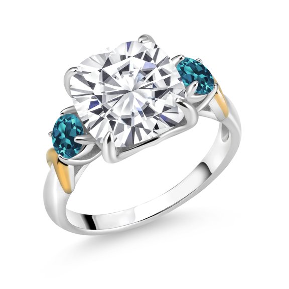 Gem Stone King 925 Silver and 10K Yellow Gold White Moissanite and London Blue Topaz 3 Stone Ring for Women (5.66 Cttw, Gemstone Birthstone, Cushion 10MM, Round 4MM, Size 9)