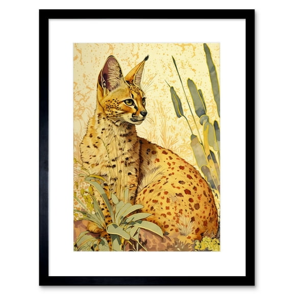 Serval Cat in Nature Detailed Watercolour and Ink Bright Illustration Artwork Framed Wall Art Print 9X7 Inch