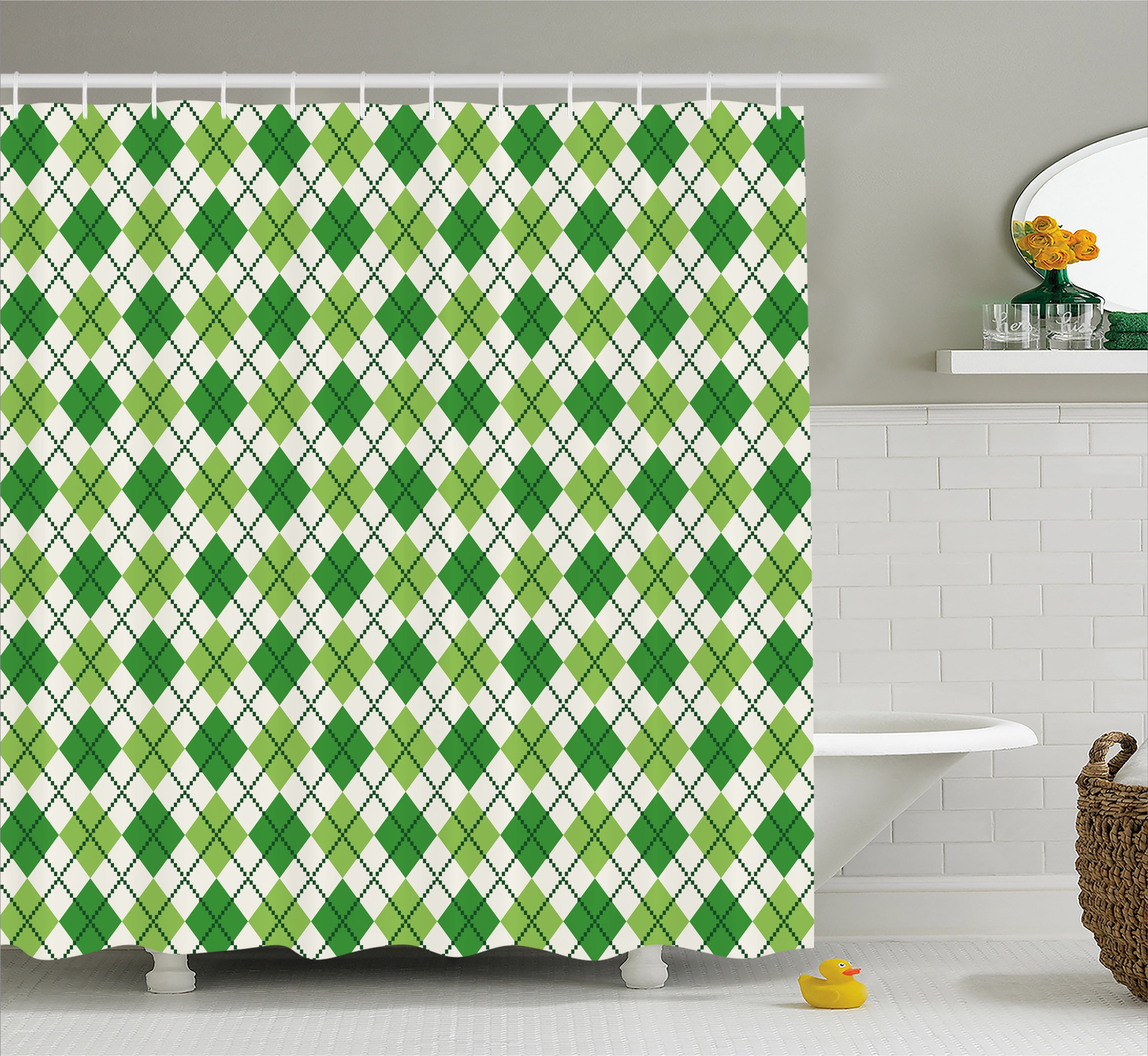 Irish Shower Curtain, Classical Argyle Diamond Line Pattern with Crosswise Lines Old Fashioned