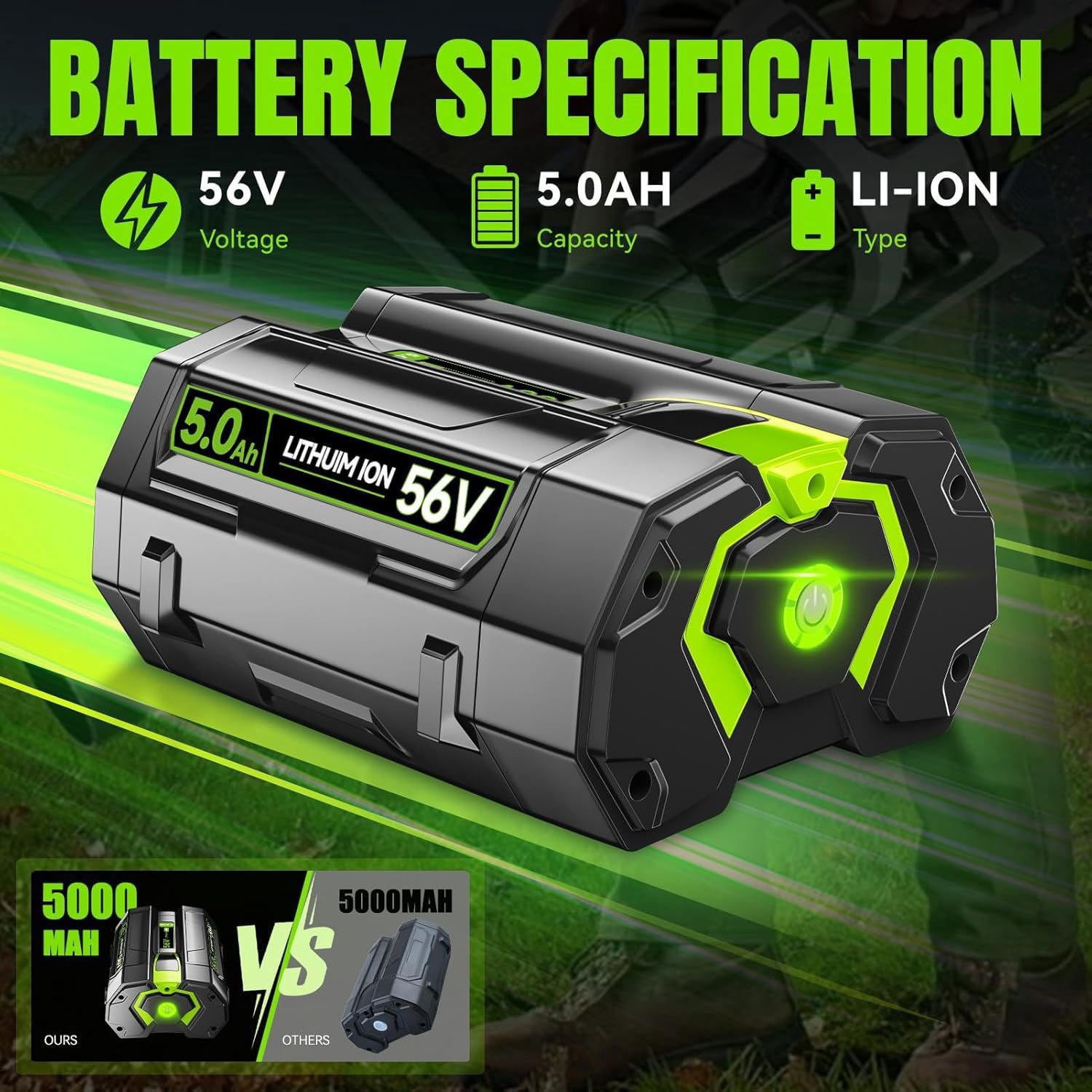 56V 5.0Ah Upgraded 2Pack Battery Replacement for EGO 56V Battery，5000mAh Rechargeable Battery Compatible with EGO 56 Volt Power Tools BA5600T, BA1400T, BA4200T, BA4200, BA2240, BA2800, BA1400