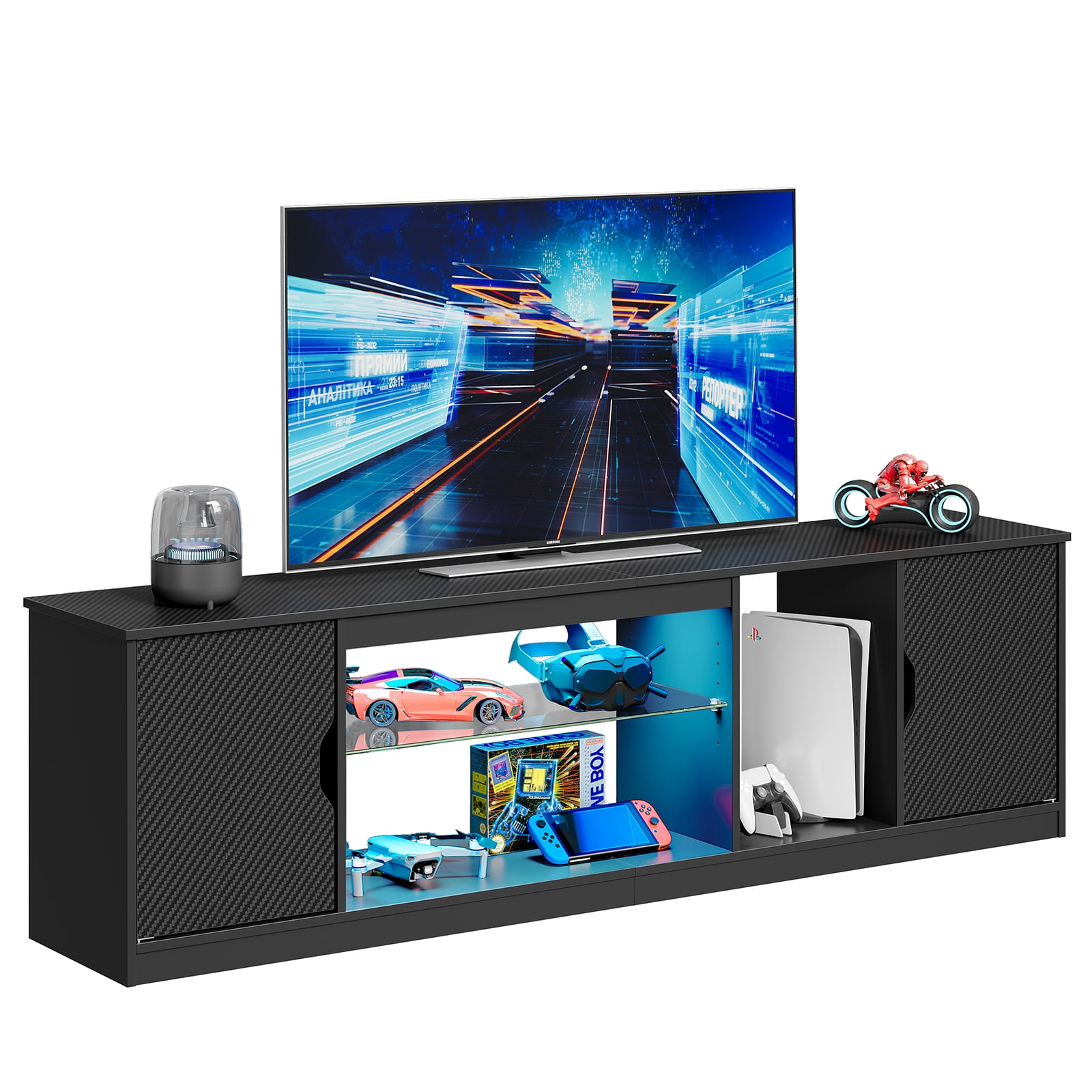 Bestier LED TV Stand for 75 in TVs, Gaming Entertainment Center with Storage for PS5, Adjustable Glass Shelf TV stand for Living Room, Black