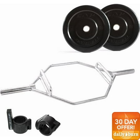 CAP Barbell 120-Pound Bumper Plate Set with Zinc Plate Hex Bar and Muscle Clamps