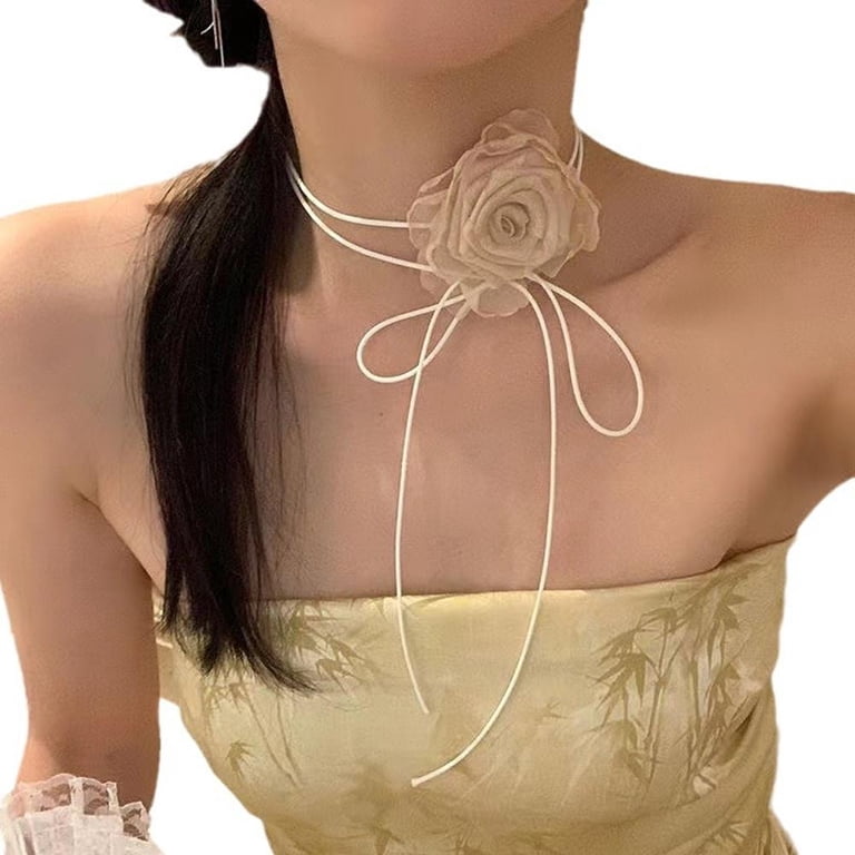 Bow & Camellia Flower Choker Necklace – Imitation Pearl Black Chain Statement Necklace For Women