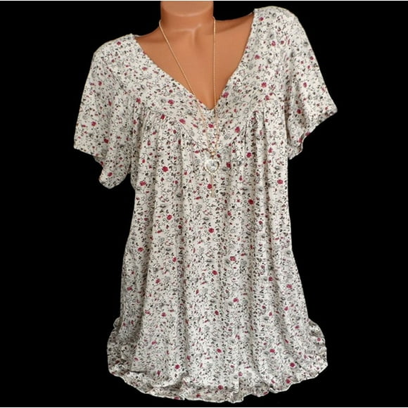 Women's Casual Boho Floral Printed V Neck Tunic Tops Plus Size Short Sleeve Pleated T Shirt Blouses S-62XL