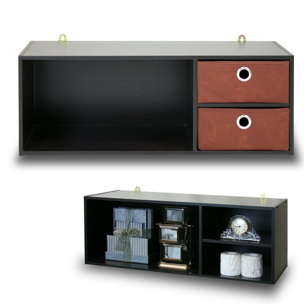 Furinno WallMounted Storage or Desk Hutch with 2 Bin Drawers, Espresso/Brown