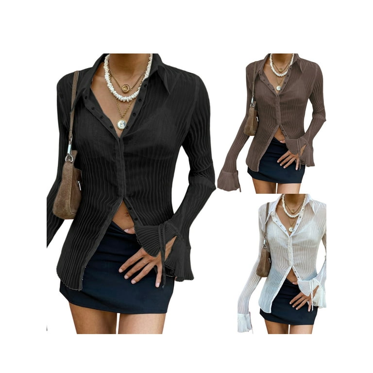 Women's Sheer Button Up Shirt Y2K Long Sleeve Lapel V Neck Mesh Top Vintage  See Through Basic Blouse Streetwear