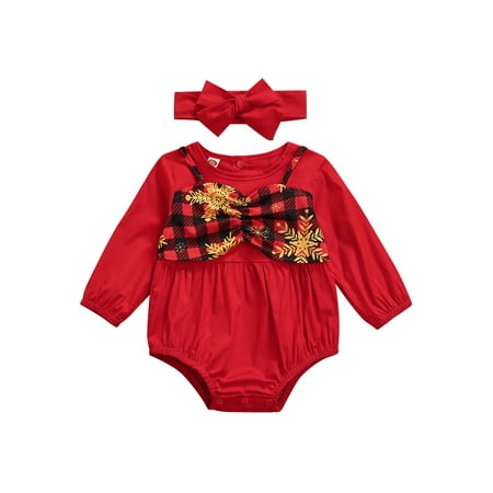 

Binpure Christmas Printed Long Sleeve Round Neck Romper + Bow Headband