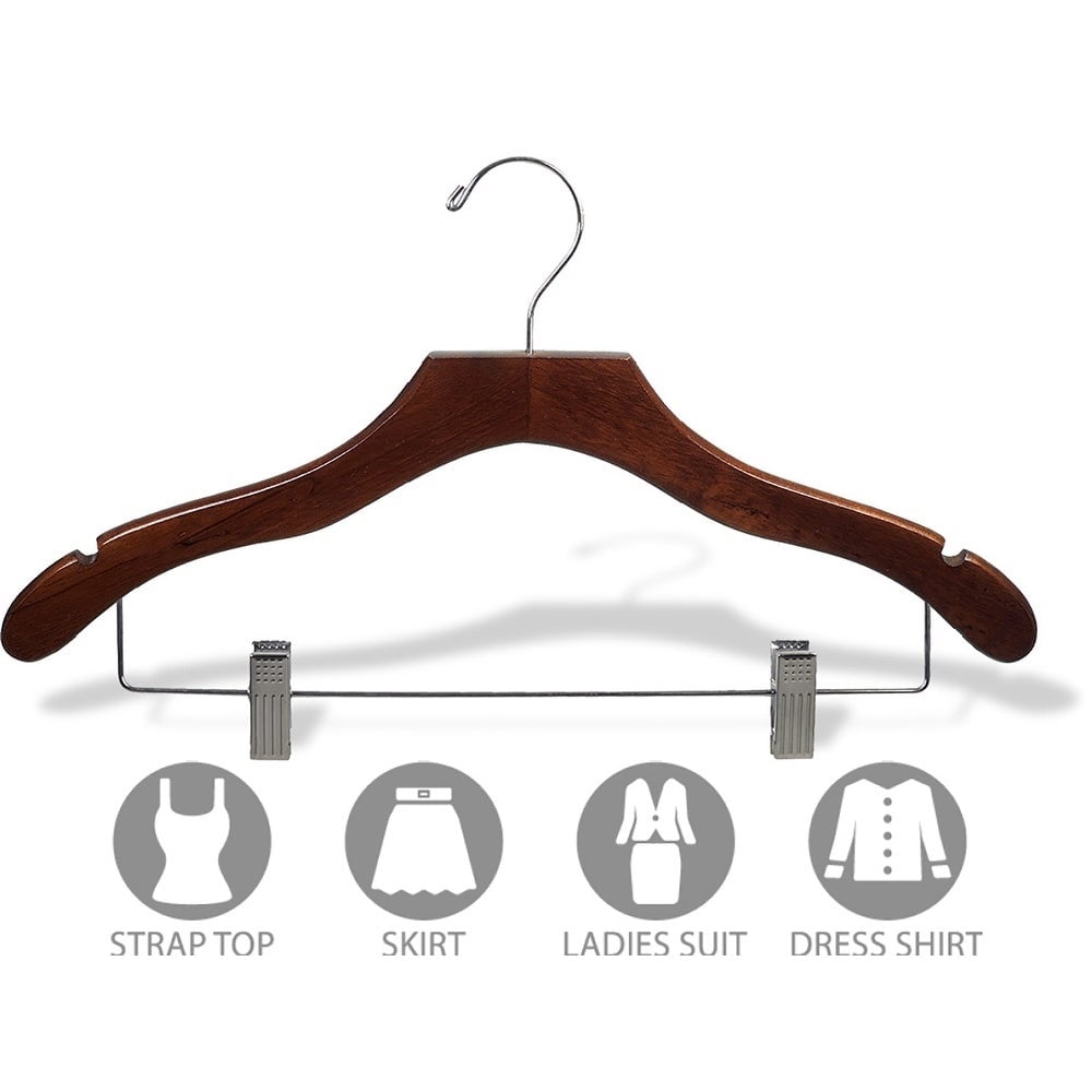 International Innovations Wavy Walnut Suit Hanger with Clips and Notches (Case of 50)