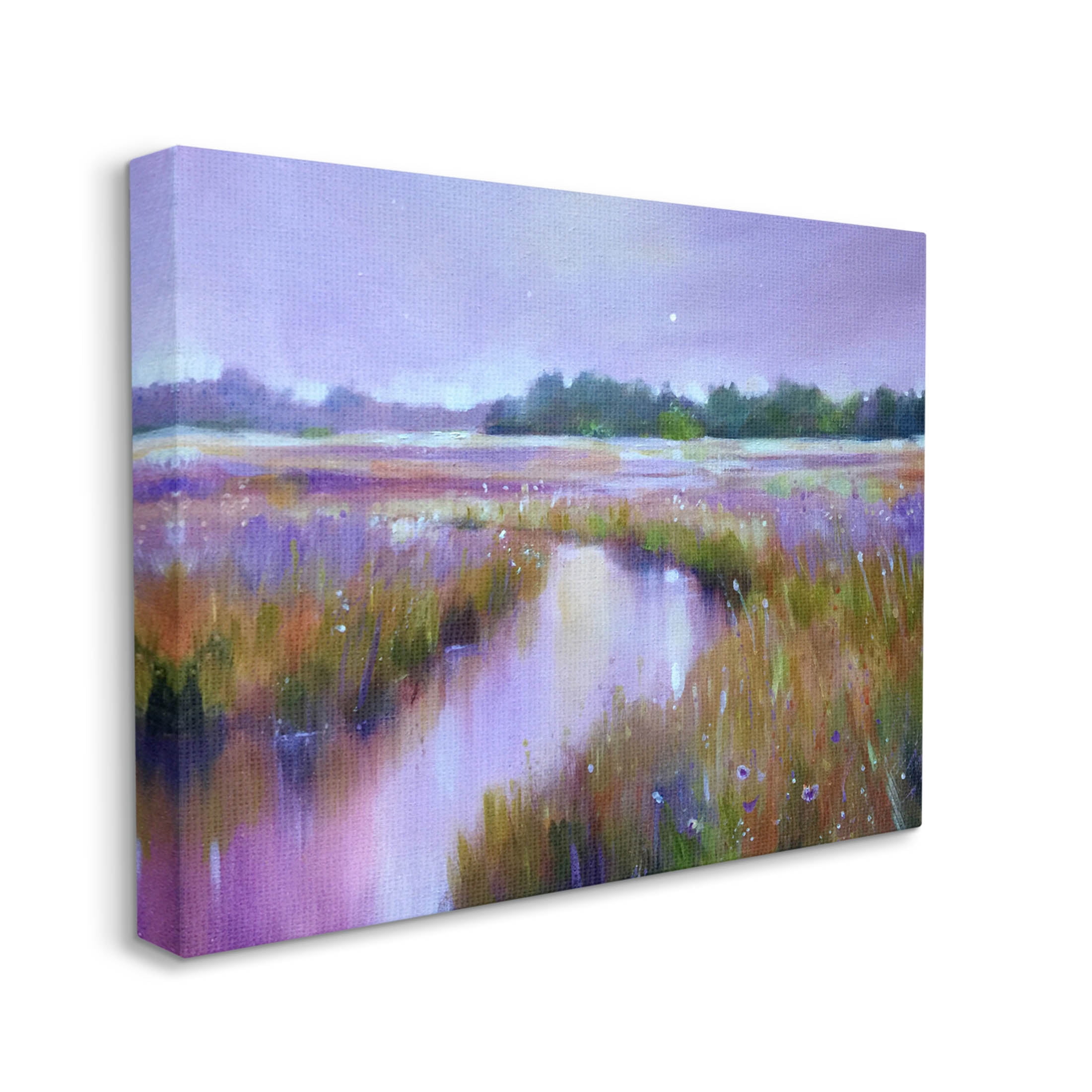 Vivid Purple Dusk Rural Stream Landscape Painting Gallery Wrapped Canvas Print Wall Art