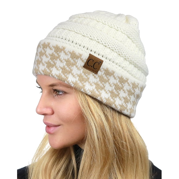 C.C Cable Knit Soft Stretch Multicolor Stitch Cuff Skully Beanie Hat, Houndstooth Ivory/Beige