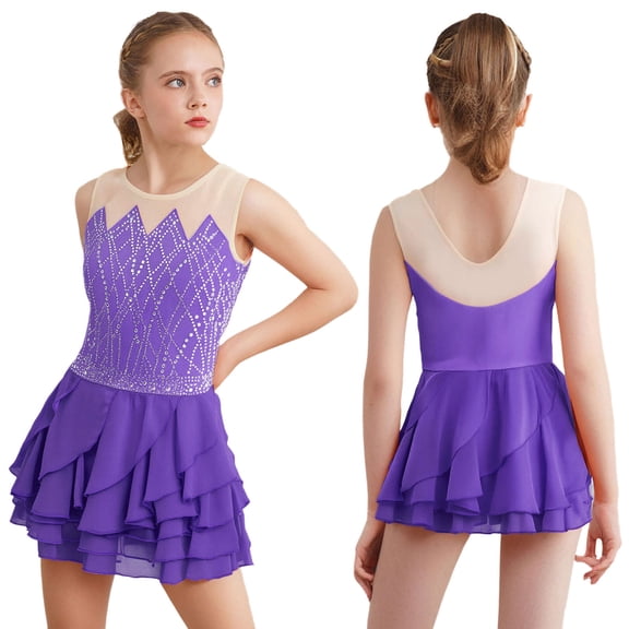 iixpin Kids Girls Sleeveless Ice Skating Dance Dress Shiny Rhinestone Mesh Patchwork Tiered Ruffled Dancewear Purple 8
