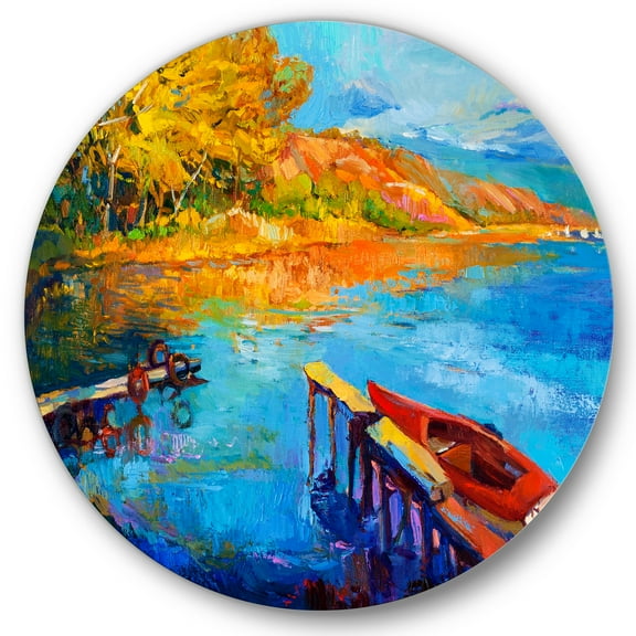 Designart 'The Lake At Sunset Evening Glow II' Lake House Circle Metal Wall Art 36x36 - Disc of 36