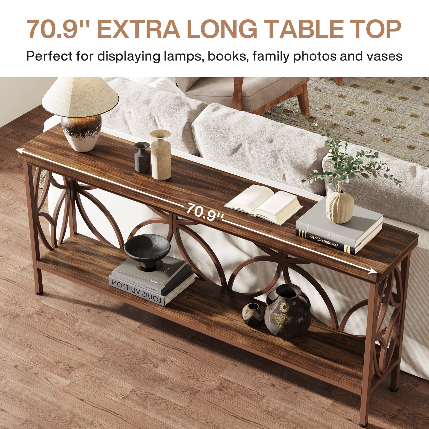 Fnova 70.9" Industrial Console Table, 2-Tier Wood Storage Narrow Sofa Table, Behind Couch with Metal Frame, for Living Room, Entryway, Foyer, Easy Assembly