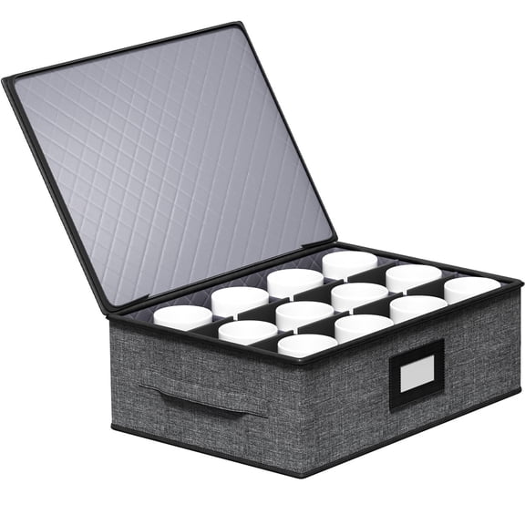 Aokeyee Cup and Mug Holder Hard Shell Holds 12 Coffee Mug Rack Glasses Stackable Organizers with Lid Handles Zippers Label for Moving Gray