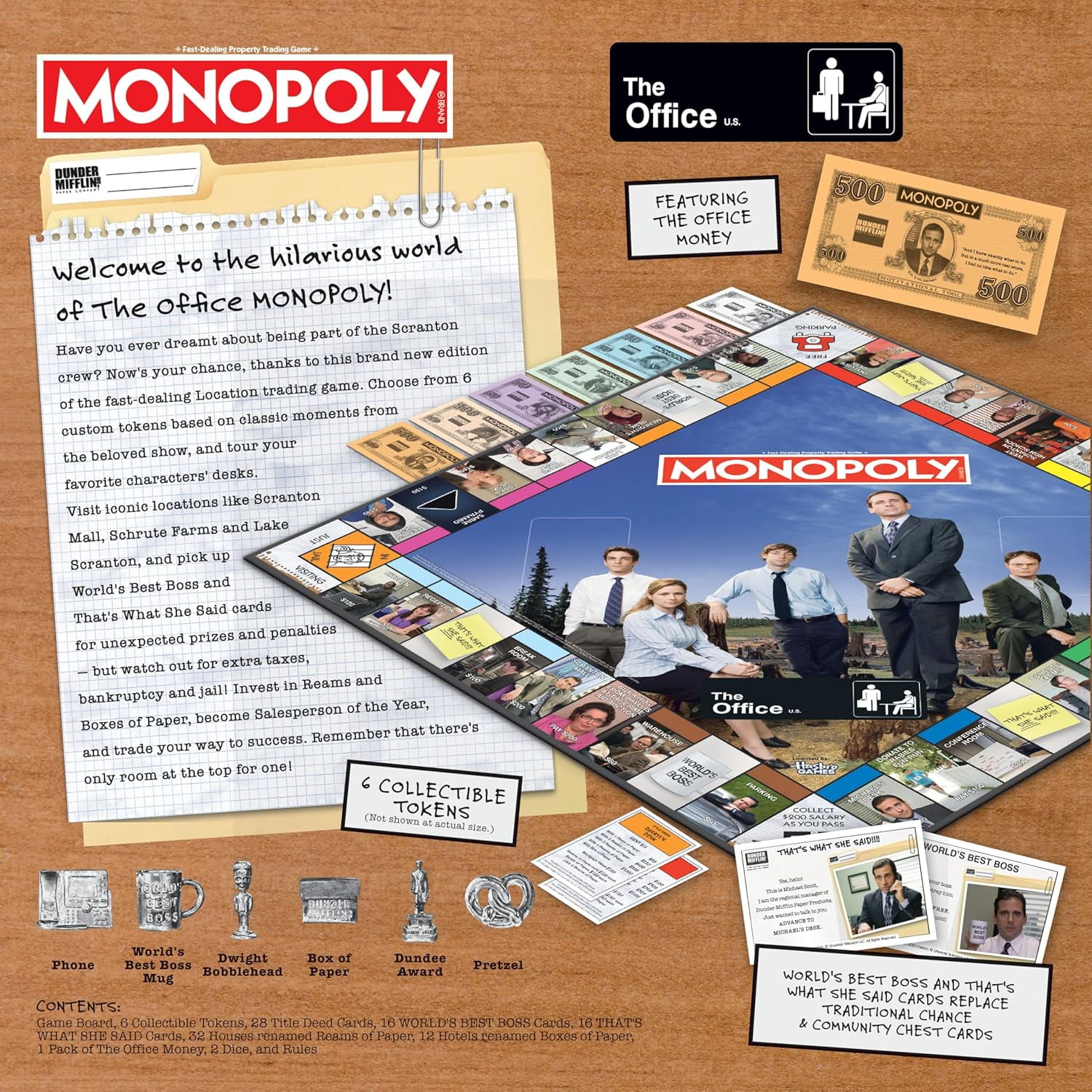 Monopoly: The Office Board Game, Featuring World's Best Boss Mug, Dundee Award, Box of Paper & More, Buy, Sell, Trade Scranton?s Locations from Reception to The Conference Room, Officially Licensed