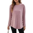 thumbnail image 1 of Blusa de algodón suave de manga larga, corte holgado, cuello redondo, color rosa, un solo color, detalle de botones, talla L, 1 of 6