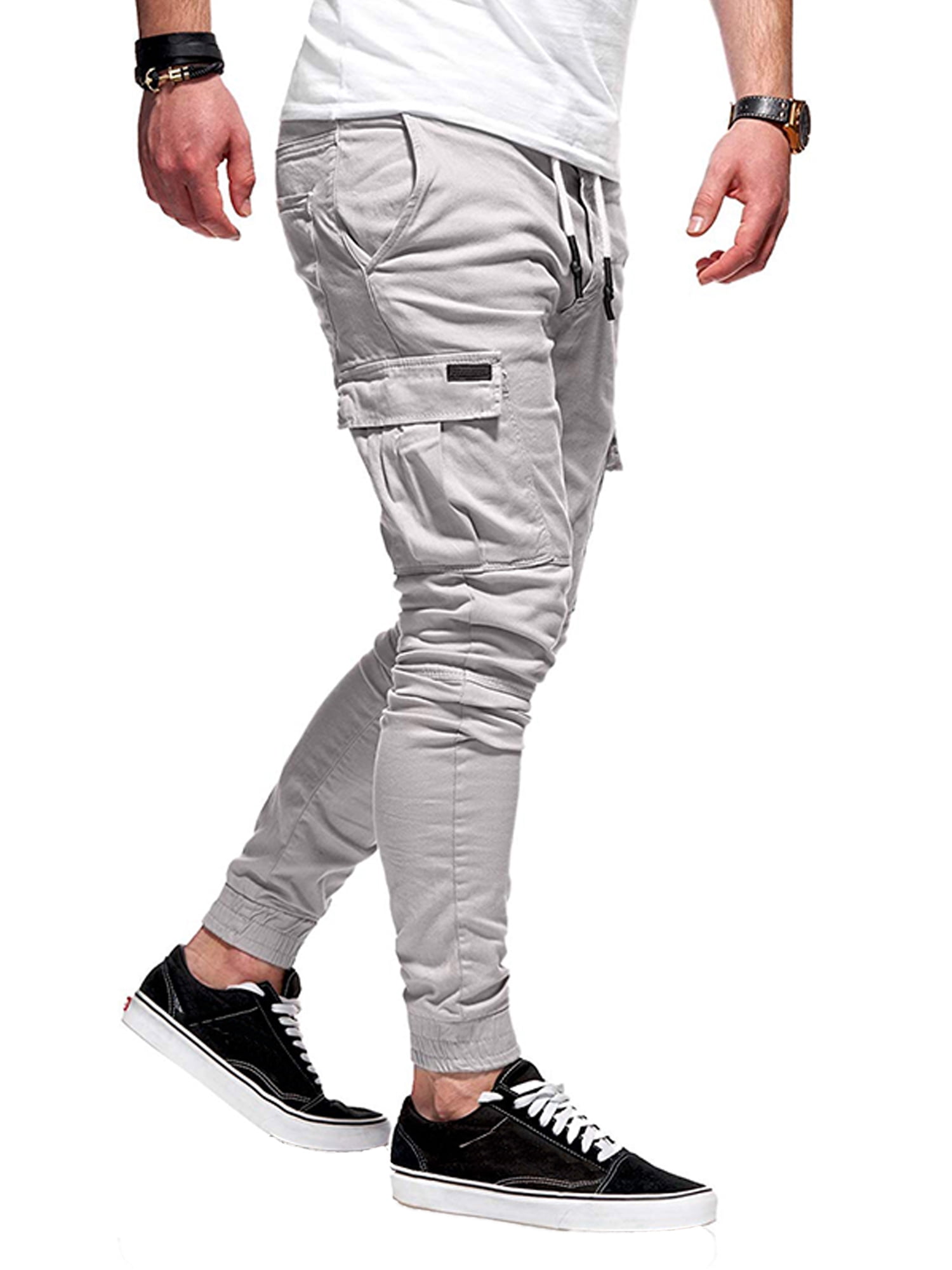 Cromoncent Men Cargo Athletic Solid Casual Ankle Elastic Waist Pants