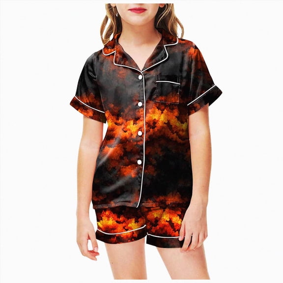 TOWED22 Halloween Girls Pajamas Set Ghost Pumpkin Print Short Sleeve Button Down 2 Piece Loungewear Sets Sleepwear Outfit Sets for 2-13T(Black,6-7 Y)