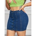 thumbnail image 3 of Women's High Waisted Button Front Denim Mini Skirt Stretchy Curve Hugging Retro Style, 3 of 6