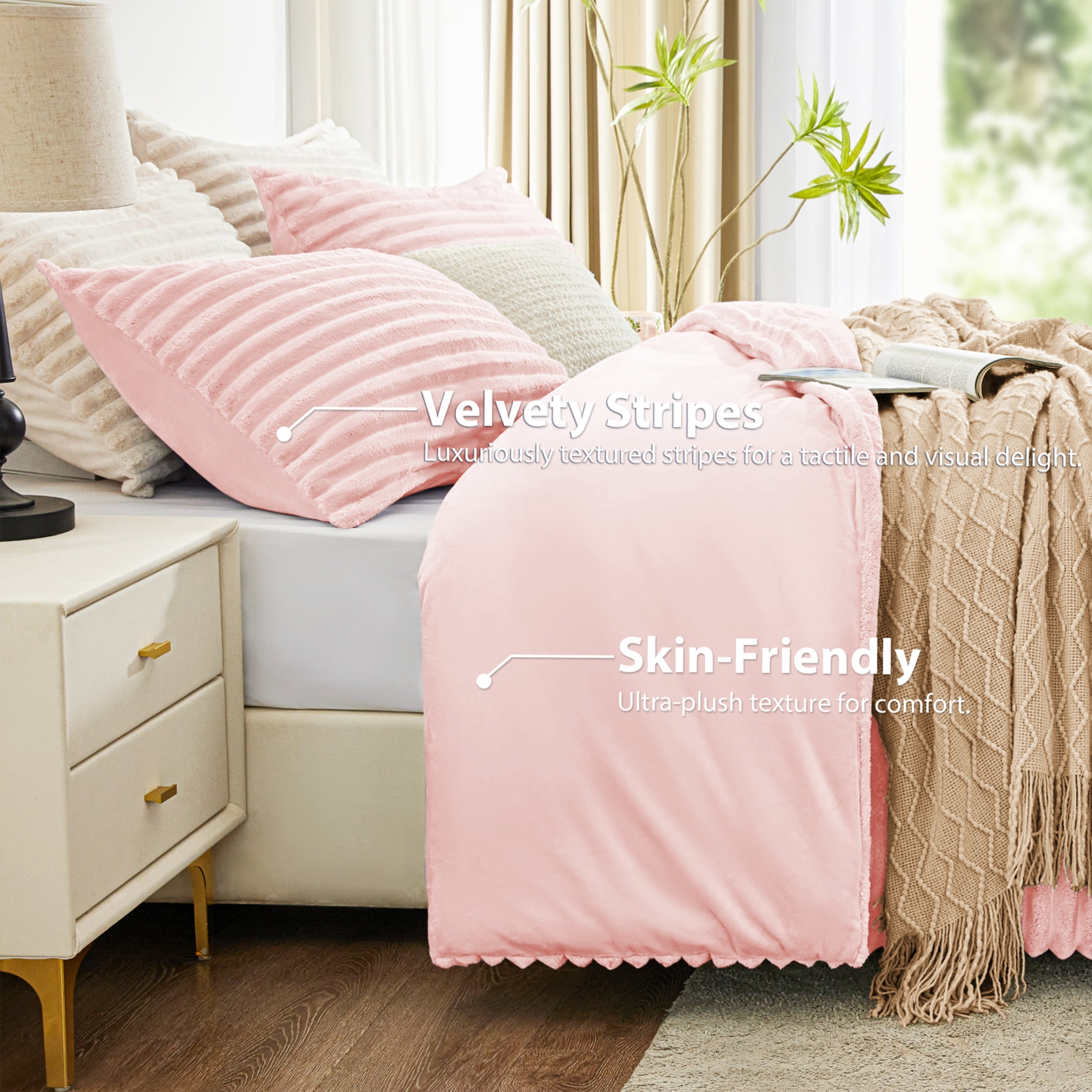 Love's cabin Fleece King Size Comforter Set 3-Piece - Super Soft Faux Fur Stripe Jacquard Bedding, 1 Warm Winter Fluffy Comforter with 2 Pillowcases, Pink
