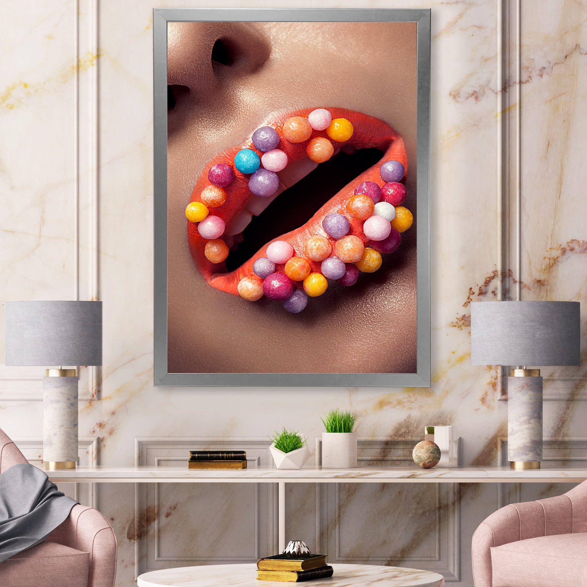 Designart 'Close Up of Creative Make Up On Woman Lips With Lolipops' Modern Framed Art Print