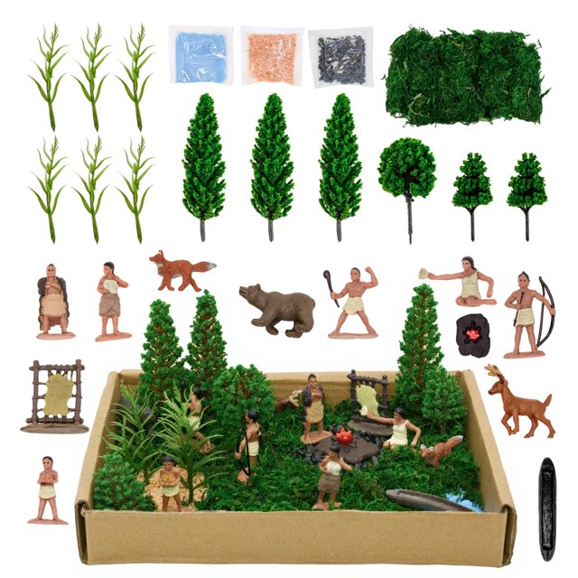 LuciPaw - Juego de 28 figuras de indios nativos americanos (plástico, árboles, musgo, arena, piedras) para niños, proyectos educativos históricos, decoración para cumpleaños y Halloween