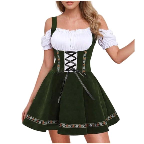 Oktoberfest Dress for Women Off The Shoulder Short Sleeve Straps Mini Skirt for Carnival Olive Green 2XL