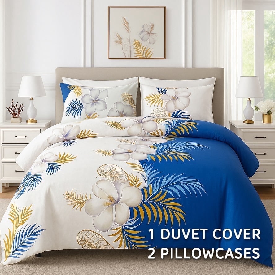 3-Piece Floral Duvet Cover Set, Blue, White