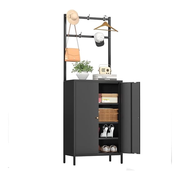 Tall Metal Shoe Cabinet with Coat Rack,Farmhouse Shoe Storage Cabinet with Doors,Hanging Bar, for Entryway, Hallway, and Living Room,2in1 Hall Tree with 3 Adjustable Shelves(Black)