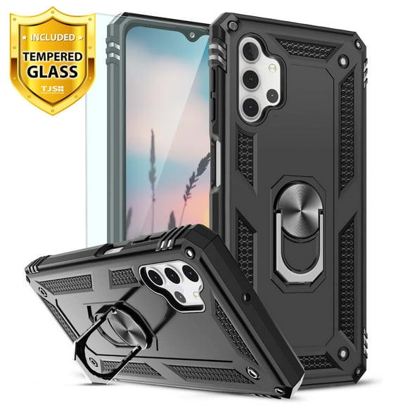 TJS for Samsung Galaxy A32 5G Phone Case, with Tempered Glass Screen Protector Impact Resistant Metal Ring Magnetic Support Armor Heavy Duty Protector Cover (Black)