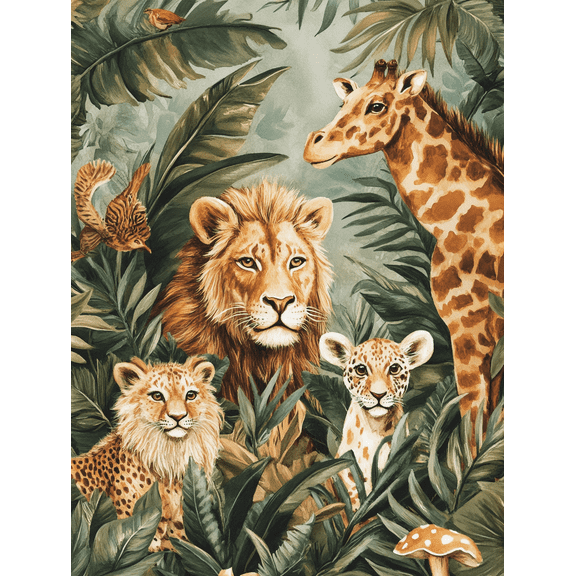 Tropical Safari Animals Canvas Print Wall Art，Suitable for Living Room，Bedroom，Nursery，Kids Room，Office Decor