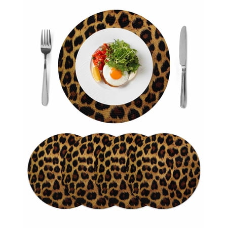 Leopard Round 15 Inch Placemats Set of 4 Brown Vintage Leopard Print HeatResistant Non Slip Place Mats for Dining Table Wipeable Braided Kitchen Table Mats for Housewarming