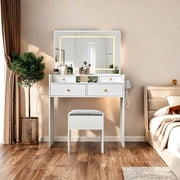JanflyHome Vanity Desk with Mirror and Lights, Storage Stool, 41 Large Makeup Dressing Table for Girls Women Bedroom, White