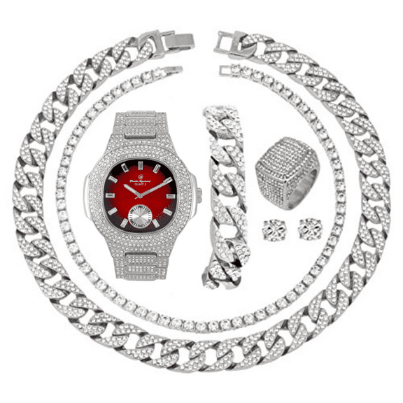 Fully Iced Mens Big Rocks Bezel Color Dial with Baguette , Cuban Chain Bracelet, Cuban Necklace, Tennis Chain & Ring - CRNT (ST10235 VO SLV RED, 8)