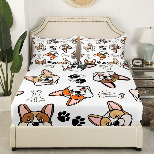 YST Corgi Sheet Set for Boys Girls Kids Kawaii Dog Pattern Sheets Bedroom Decor Cartoon Puppy Pet Animal Print Bed Sheets Set Dog Bones Paw Footprint