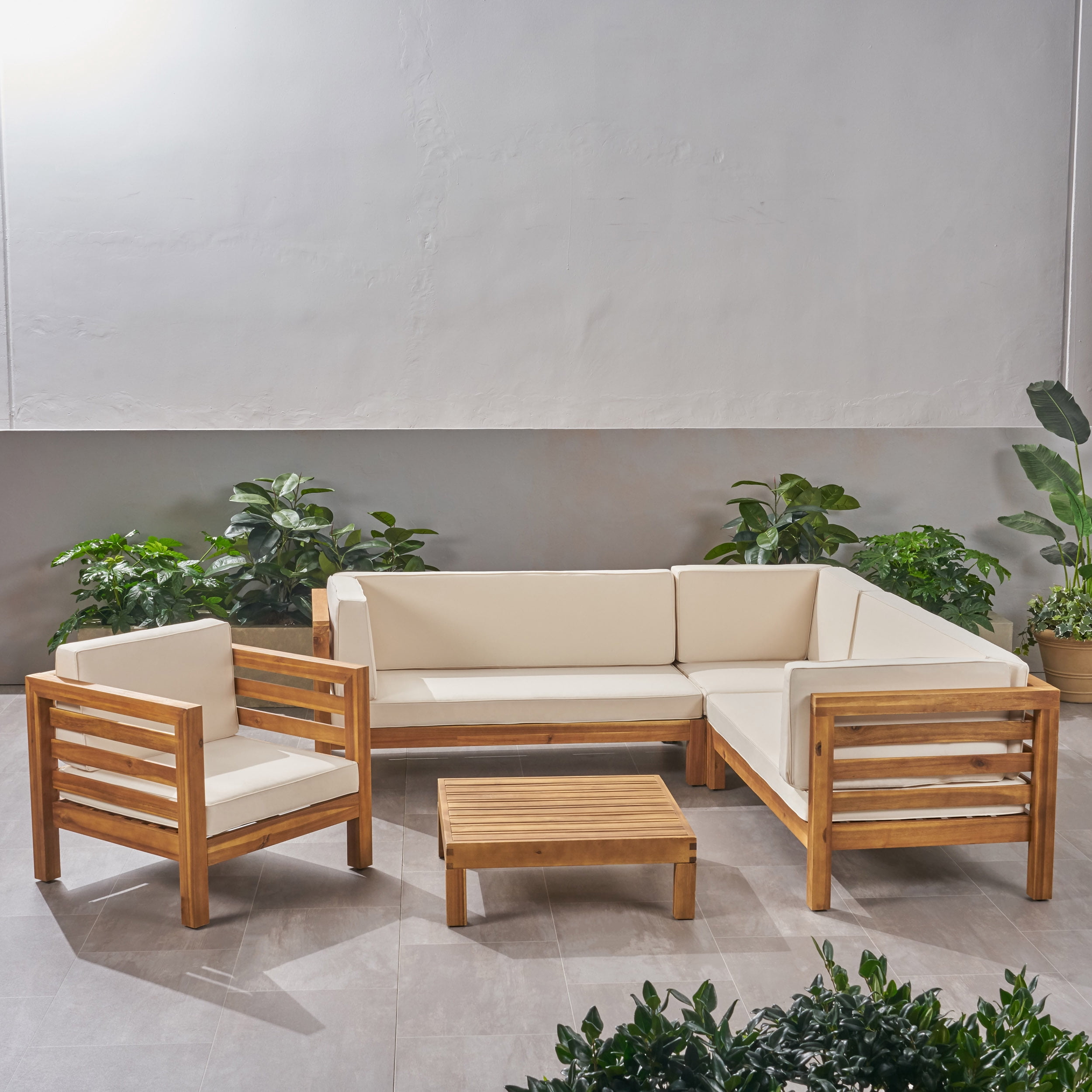 Frankie Outdoor 6 Seater Acacia Wood Sectional Sofa and Club Chair Set, Teak and Beige