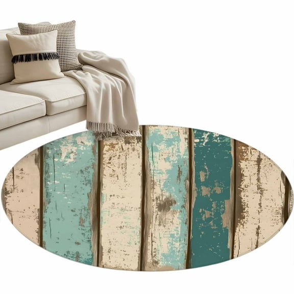 Farmhouse Teal Brown Round Area Rug 3 FT, Small Kitchen Bathroom Mat, Vintage Retro Ombre Wooden Washable Indoor Outdoor Throw Runner Carpet Non-Shedding Doormat for Table Shower Sofa Entryway