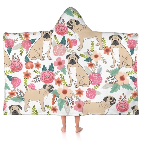 Pugs and Pioneer Flower Hooded Bath Towel，50"x30" for Ages 3 To 12 Kids, Quick Dry Lightweight Soft Microfiber Hood Beach Towel Cover Up for Kids