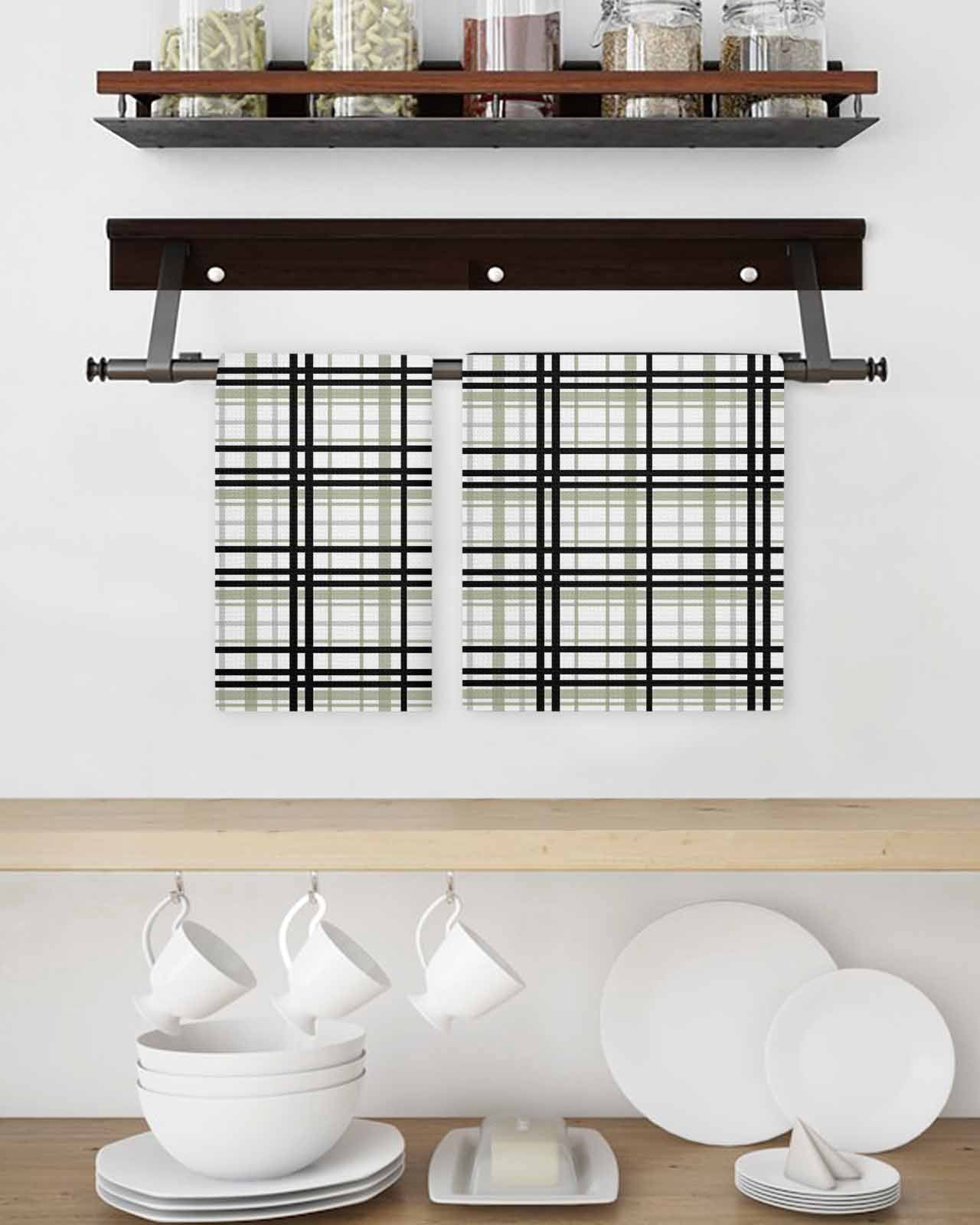 Sage Green Black Plaid Hand Towels Set,Waffle Weave Kitchen Towels 3 Pieces,Microfiber Hair Face Bath Tea Towel Absorbent Quick Drying Cleaning Dish Cloths,Farmhouse Green Black Checkered 15.7"x23.6"