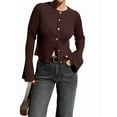 thumbnail image 3 of Chandail Tendance pour Femmes Col Rond Côtelé Crop Bell Manches Longues Ouvert Chemise Automne Marron P, 3 of 6