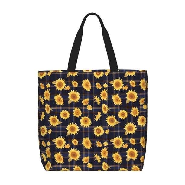 Easygdp Royal Blue Plaid Sunflower Bolsa Tote para Mujer, Bolso de Hombro para Trabajo, Playa, Viajes, Compras y Supermercado